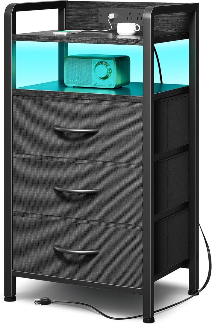 Night Stand Bedside Charger Bedroom - Nightstand with Charging Station & LED Light Strip, Night Stand with Storage Shelf & 3 Fabric Drawers, Morden End Table with U-S-B Ports & AC Outlets