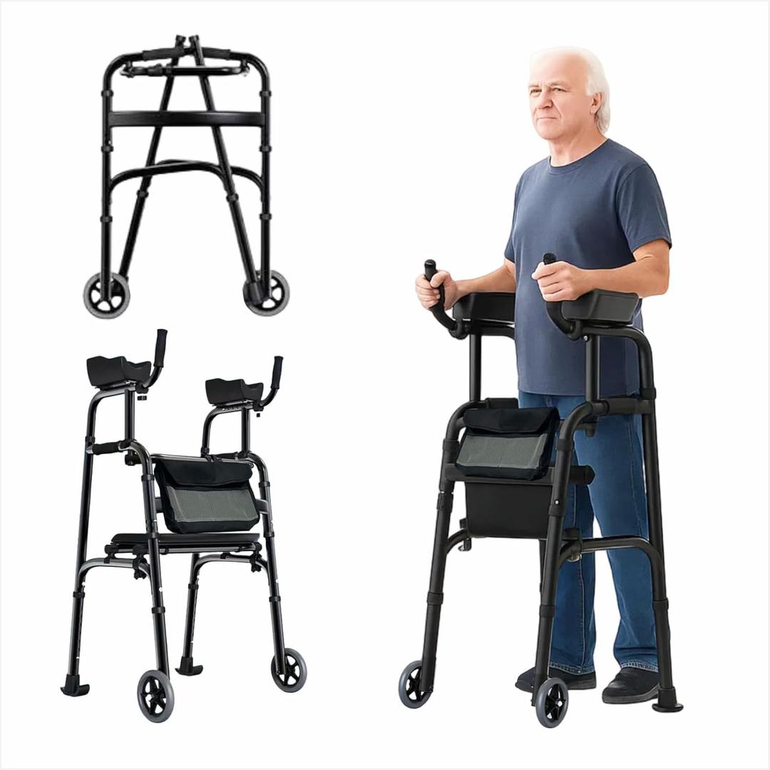 Folding Walker with Armrest Pad - Upright Walker for Seniors, Standing Mobility Aid for Indoor & Outdoor, 300lb Weight Capacity, Height Adjustable (Black+Rest Bench)