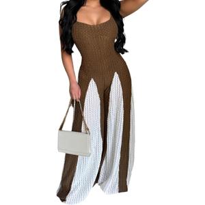 LKOUS Women's Summer Casual Strap Sleeveless Jumpsuits Loose Stretchy Wide Leg Long Pants Rompers One piece outfits (X-Large, Brown)