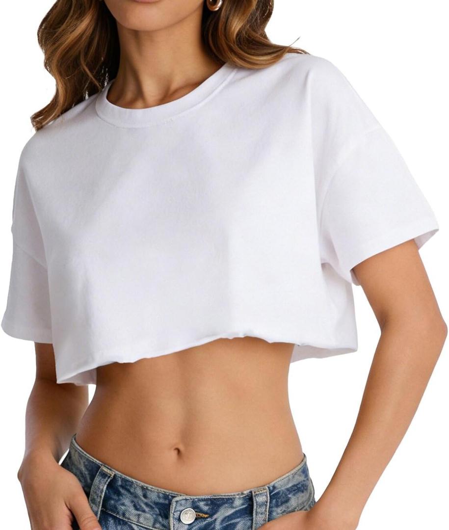 Crop Tops for Women Short Sleeve T Shirts Casual Basic Crew Neck Summer Oversized Cropped Tees 2026, Size: Large