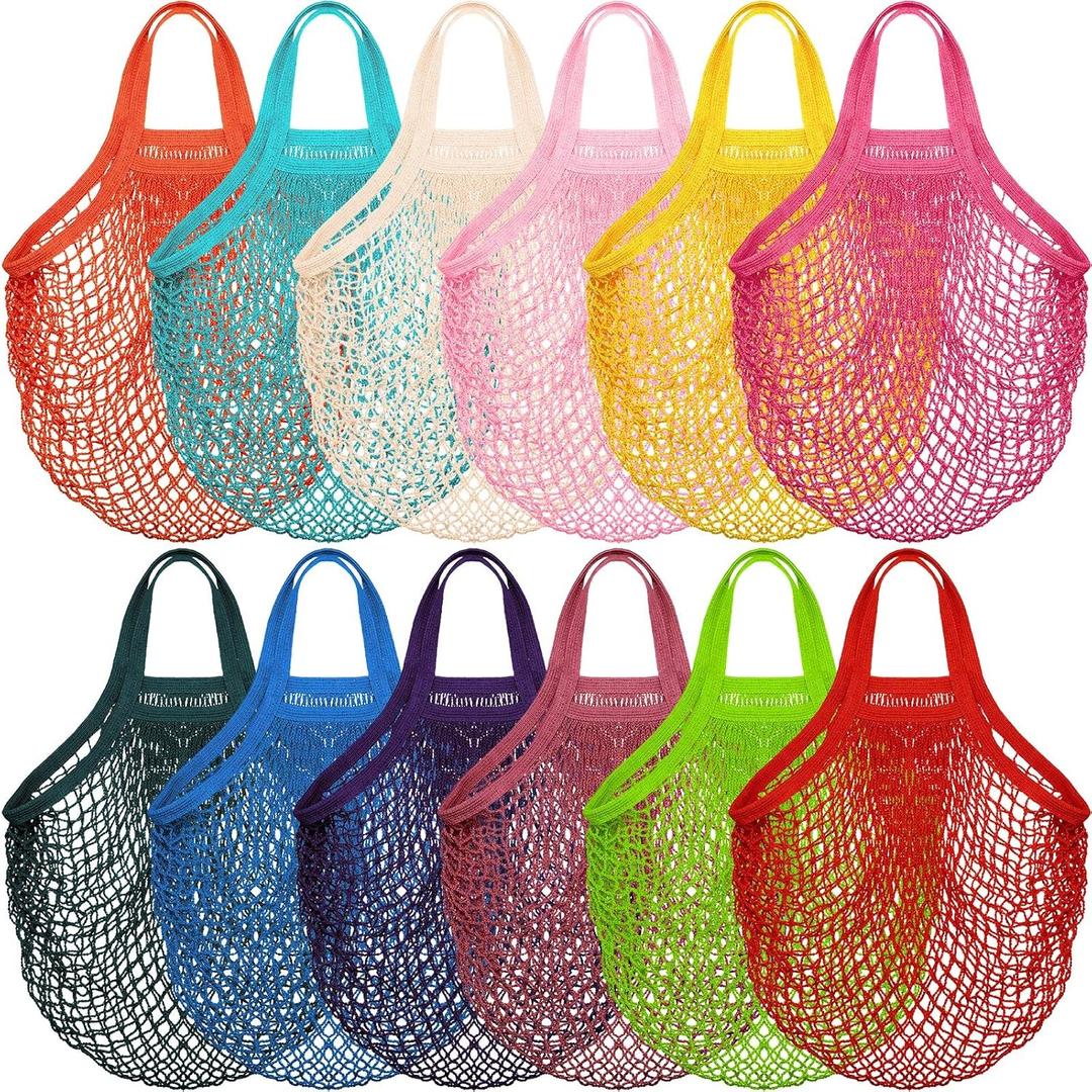Shappy 12 Pack Reusable Mesh Grocery Bags Large Crochet Market Bag Cotton Kitchen Tote for Fruit Vegetable Storage (Bright Colors)