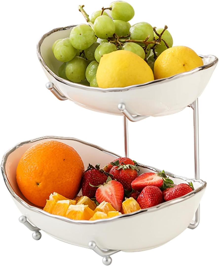 2 Tier Ceramic Fruit Bowl for Kitchen Counter, Tiered Fruit Basket for Countertop, Modern Multi Layer Fruit Display Stand for Party, Cute & Smal (Silver-rimmed)