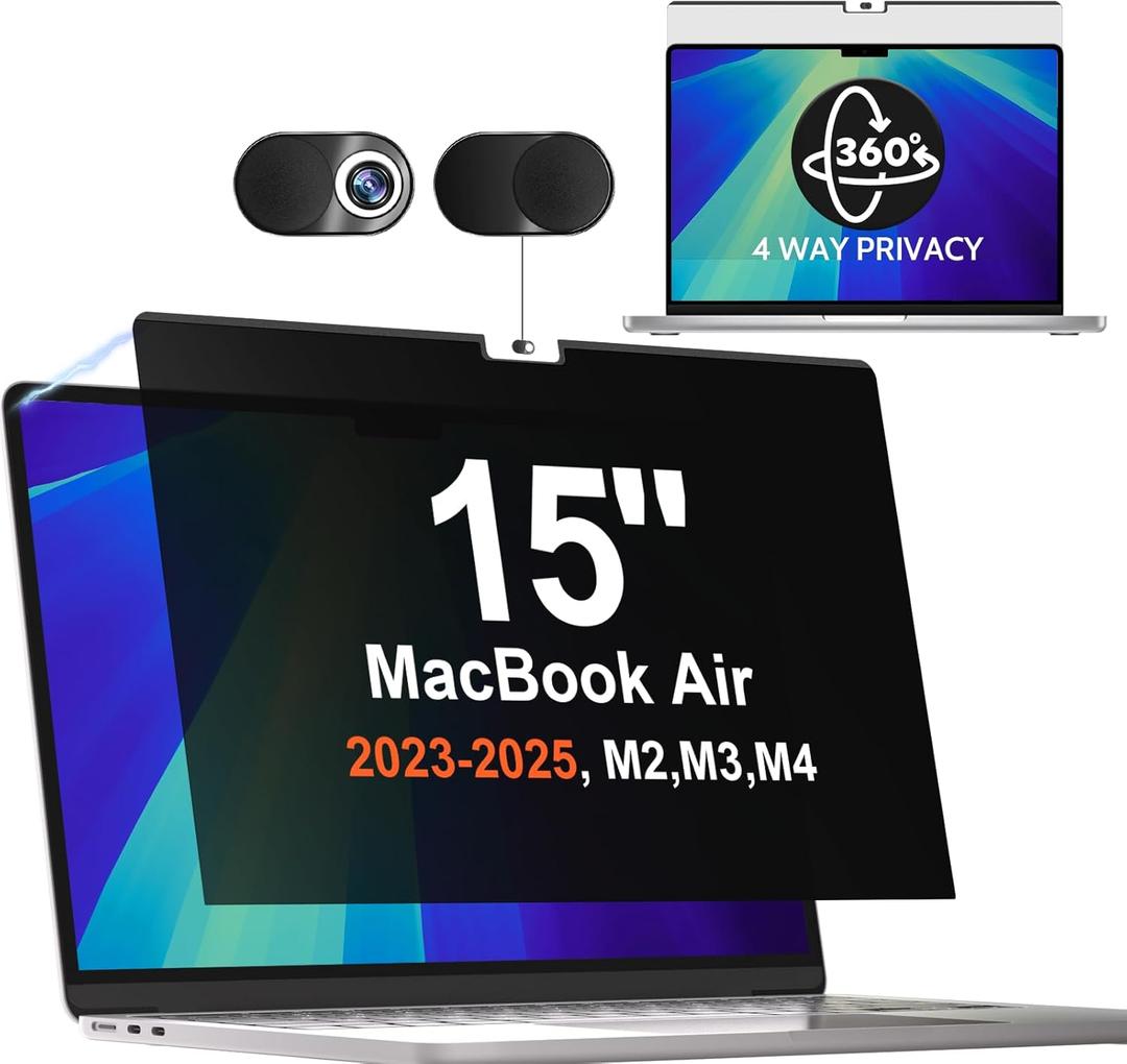 360 Magnetic Privacy Screen for Macbook Air 15 Inch (2023-2025, M2, M3, M4)), Removable Anti Glare Blue Light Filter, 4 Way Anti Spy Black Protector for Mac Air 15In Laptop Computer