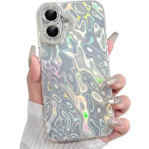 Lovmooful Compatible for iPhone 16 Case Cute Sparkle Pleated Texture with Glitter Lens Protector Design Bumper Protector for Girls Women Soft TPU+PC Shockproof Protective Girly-Silver
