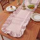 HunnmingRe 1 Pcs Light Pink Plaid Gingham Ruffle Table Runner 72 x 13.8'' Farmhouse Table Runner 100% Cotton Scalloped Long Dresser Scarves for Mothers Day, Dining Room, Wedding, Rustic Home Decor