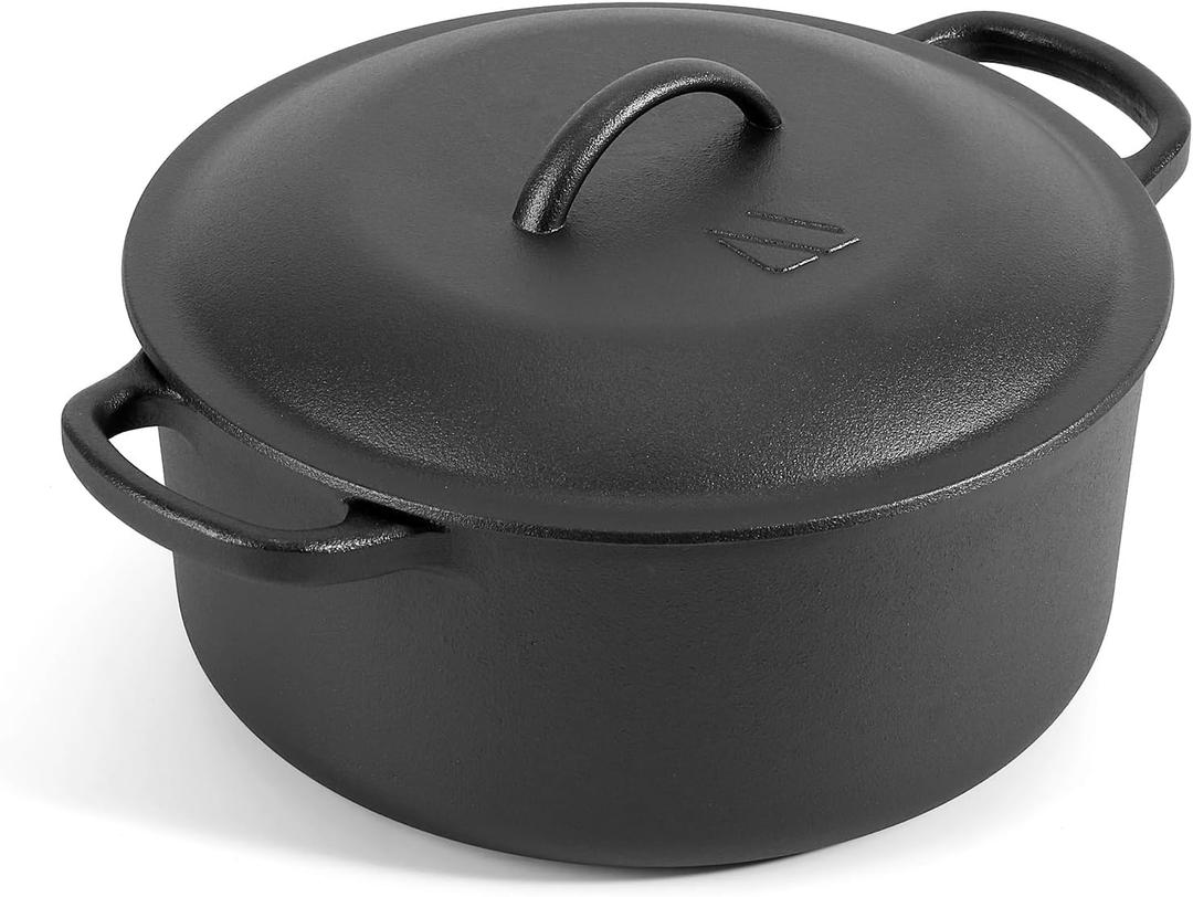 6 QT Basics Cast Iron Dutch Oven Pot with Lid and Dual Handles, Oven Safe up to 500F Large Cooking Pan,Bread Oven