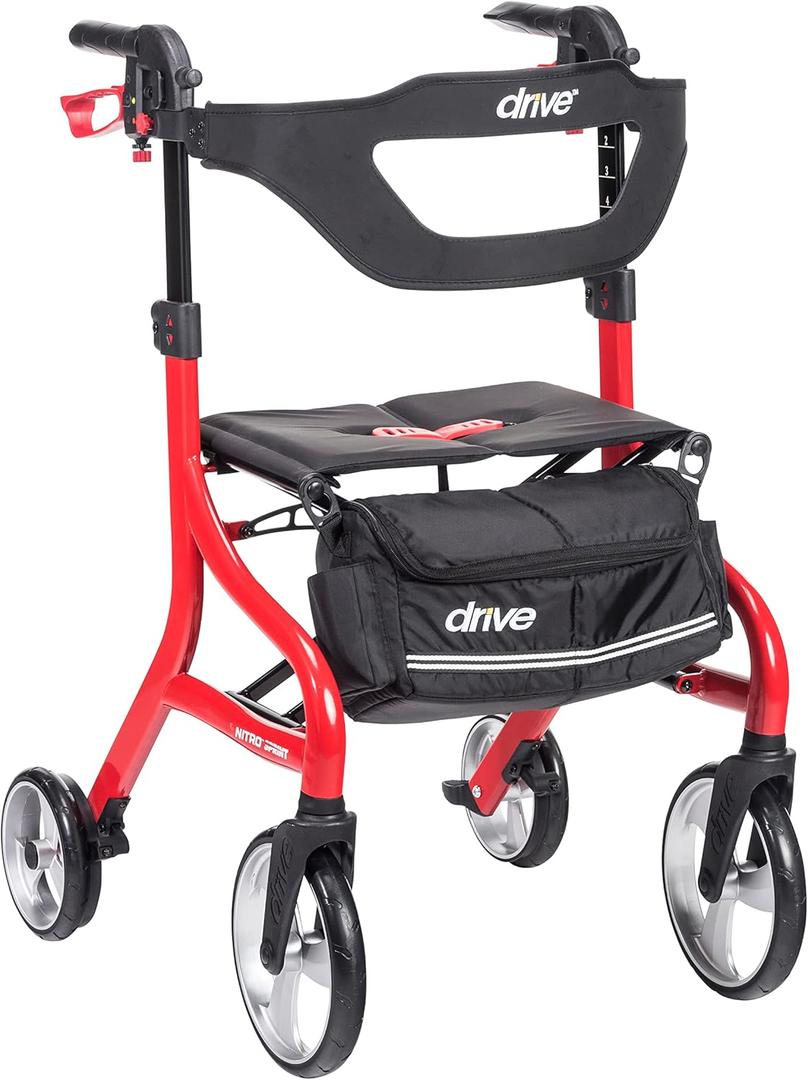 Drive Medical Nitro Sprint Foldable Rollator Walker with Seat, Tall Height Lightweight Large Wheels, Folding Rollator, Four Wheel Rolling Walker, Red 19.5 pounds