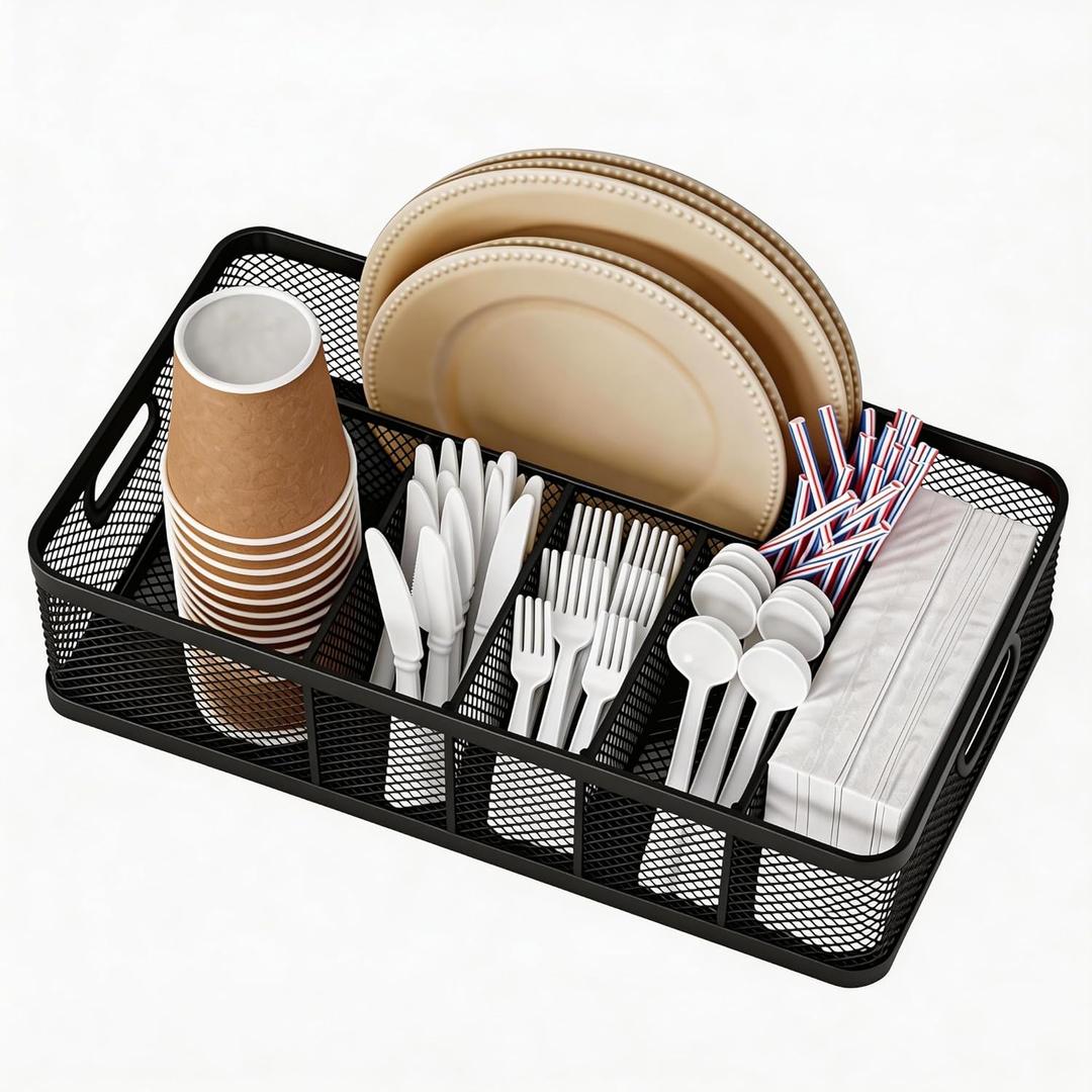 Paper Plate Organizer and Utensil Caddy for Countertop with Handle, 6-Compartment Paper Plate Holder and Silverware Tray for Cups, Forks, Spoons, Napkins - Ideal for Party, Camping, Picnic