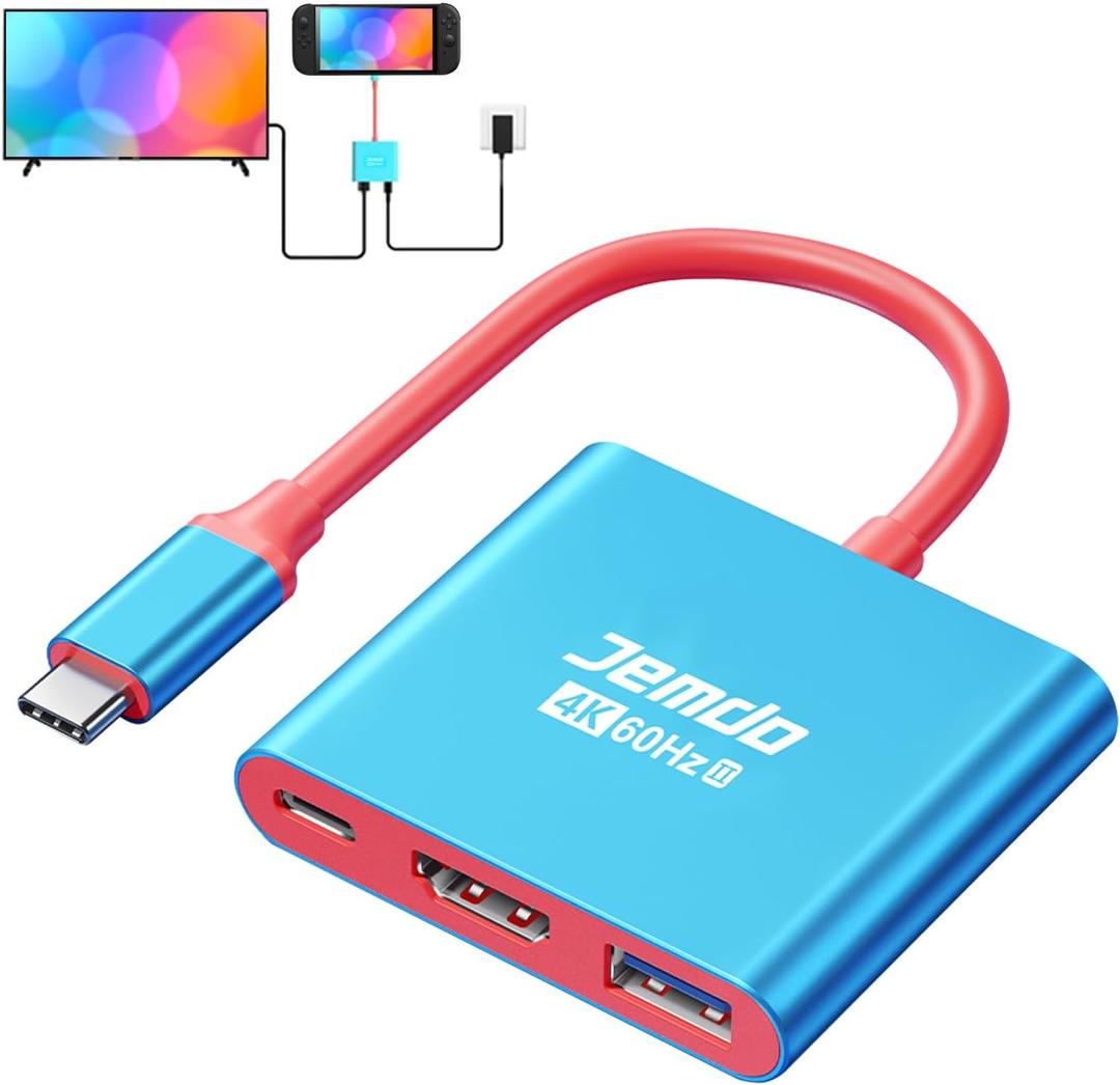 JEMDO Switch 2 HDMI Adapter Dock Station(3 Ports),4K@60Hz,HDMI 2.0 & 18Gbps,PD 100W & USB 3.0,Portable USB C to HDMI Travel Dock for TV Compatible with Nintendo Switch 2(Only Below V21.0.0)/OLED/2017