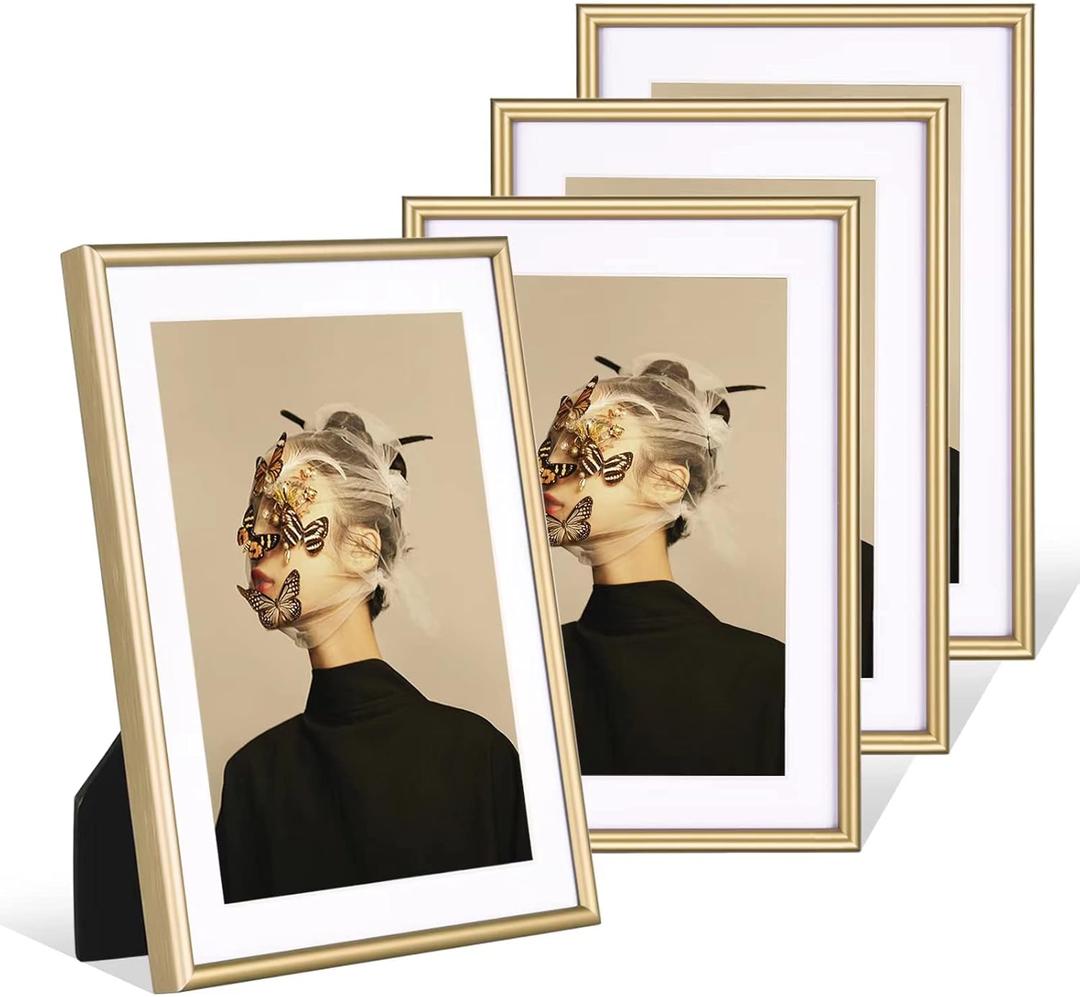 Fkvat 5x7 Picture Frame Set of 4, Matted Brass Simple Modern Brushed Thin Aluminum Metal Photo Frame Fits 3x5 and 4x6 with Mat or 5 x 7 without Mat . Vertical and Horizontal for Tabletop and Wall