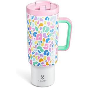 Meoky 40 oz Tumbler with Handle and Flip Straw, 100% Leakproof Tumbler with Lid and Straw, Stainless Steel Insulated Cup, Cupholder Friendly, Keeps Cold for 34 Hours (Leopard)
