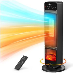 Tower Fan and Heater Combo, 1500W PTC Electric Fireplace Heater W/ 3D Flame, 90 Oscillation Space Heater Fan Combo for Indoor Use, Child Lock & Eco Mode, 12h Timer, Remote Control, Home & Office