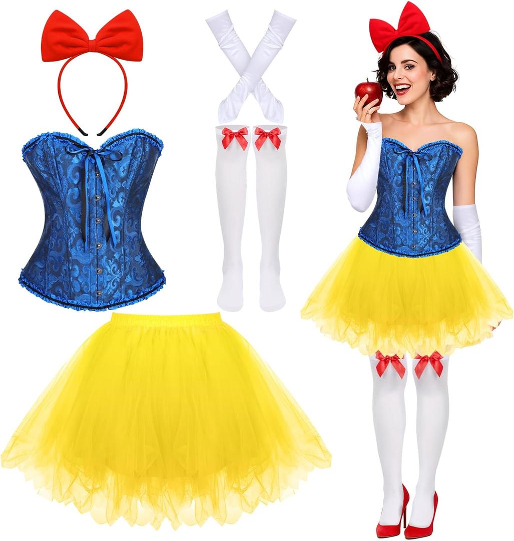 5 Pcs Halloween Snow Princess Costume for Women Bow Headband Yellow Skirt Tube Top Gloves Socks Princess Cosplay Party (Medium)