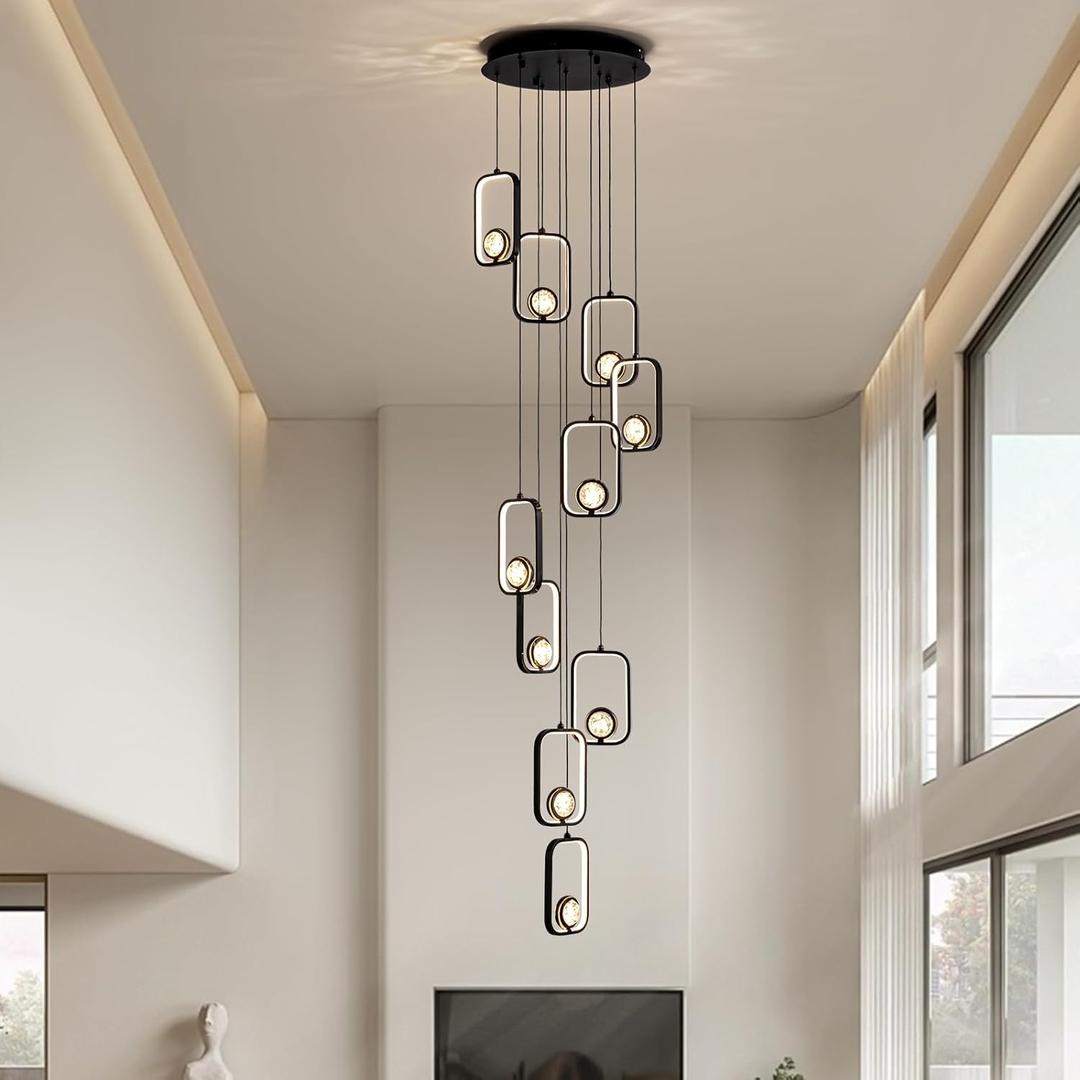 10-Light Modern LED Crystal Chandelier 10 Lights Black High Ceiling Chandelier for Staircase Large Adjustable Length Light Fixture for Foyer, Entryway, Living Room (D15.8"-10lights)