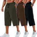 Neer 3 Pack Men's Baggy Capri Pants Plus Size Below Knee Casual 3/4 Shorts Big and Tall Summer Drawstring Pants with Pockets, Medium (Black, Brown, Army Green)