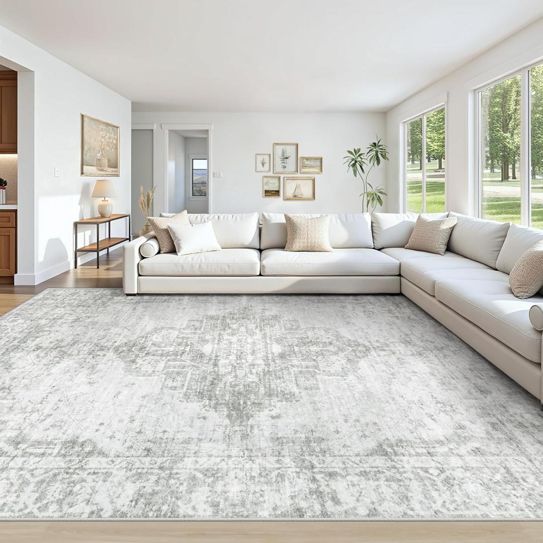 10x14 Area Rugs Washable Rug: Large Vintage Living Room Rug with Non-Slip Backing Low Pile Rugs Soft Indoor Floor Thin Carpet Neutral Carpets for Bedroom Dining Room Farmhouse Nursery Gray/Ivory