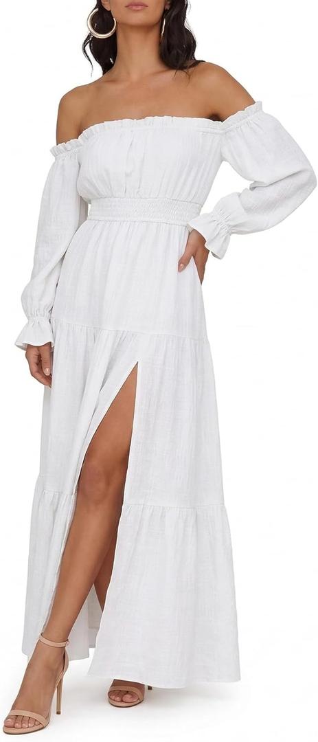 Womens Off Shoulder Smocked Maxi Dress Long Sleeve Flowy Long Dresses Tiered Elegant Cocktail Party Sundress (Large, White)