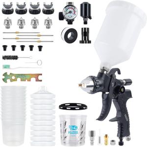 YUZES HVLP Spray Gun Kit  4 Nozzles (1.4/1.7/2.0/2.5mm), Auto Paint Gun for Cars, Furniture & DIY, 10 Disposable Paint Cups & 600ml Mixing Cup with Ratio, Oil-Water Filter & Air Regulator