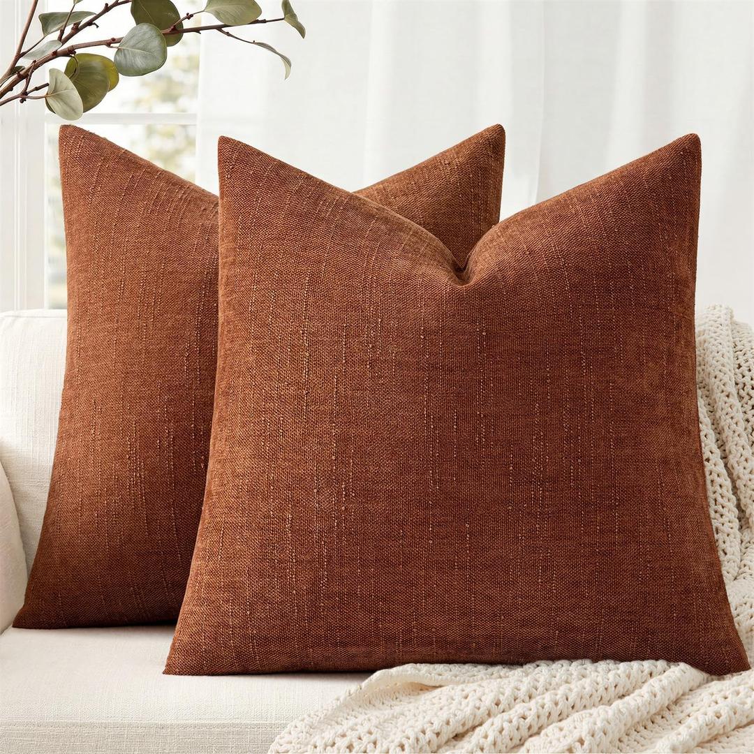 ANRODUO Pack of 2 Decorative Textured Throw Pillow Covers Soft Dark Rust Euro Square Accent Solid Chenille Cushion Cover Cozy Farmhouse Pillow Case for Couch Sofa Bed Living Room Home Decor 22x22 Inch