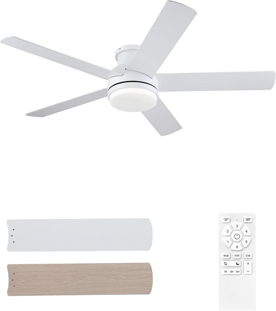 52 Inch White Ceiling Fan With Lights Flush Mount Dimmable 3 Color Temperatures LED Remote Control 6 Speed Reversible DC Motor 5 Blades Modern Ceiling Fan Design for Indoor or Covered Outdoor