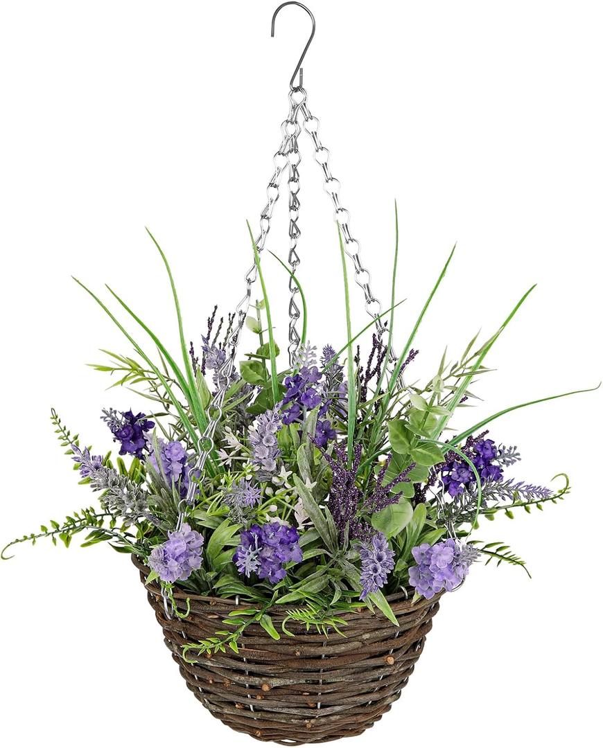 Briful Artificial Hanging Basket Indoor Realistic Lavender Hanging Flowers Fake Hanging Basket in 8.6'' Basket for Home Farmhouse Outdoor Patio Decor (Purple)