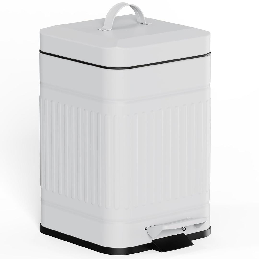 CEROELDA Small Trash Can with Lid-5L/1.3 Gal, Stainless Steel Outdoor Dog Poop Garbage Can-Farmhouse Retro Metal Waste Bin w/Step Pedal for Bathroom Bedroom Office-Soft Close-White