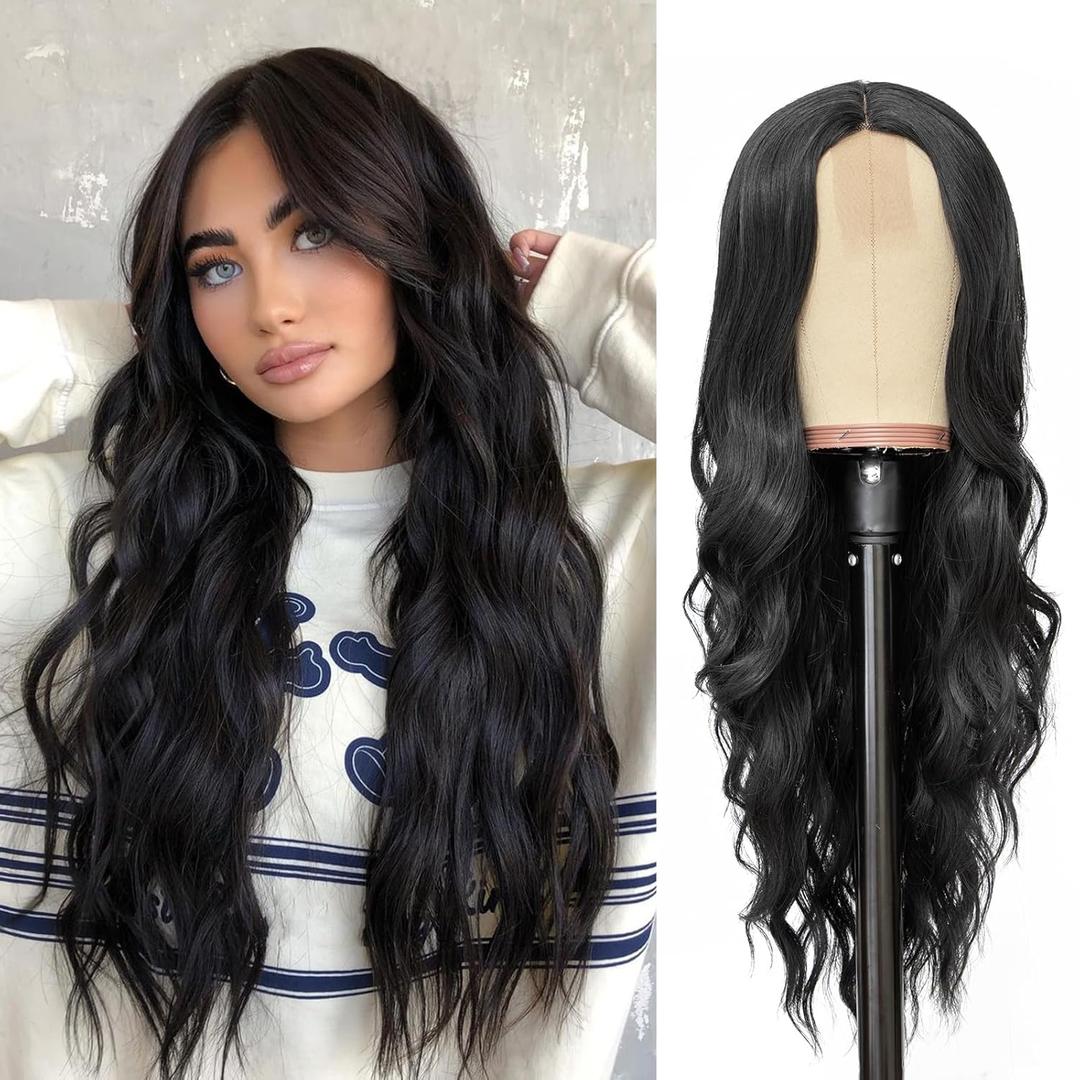 NAYOO Long Black Wig for Women - 26 Inch Long Black Hair Wigs, Natural Looking Black Long Wig, Heat Resistant Black Wavy Wigs for Halloween Cosplay Costume