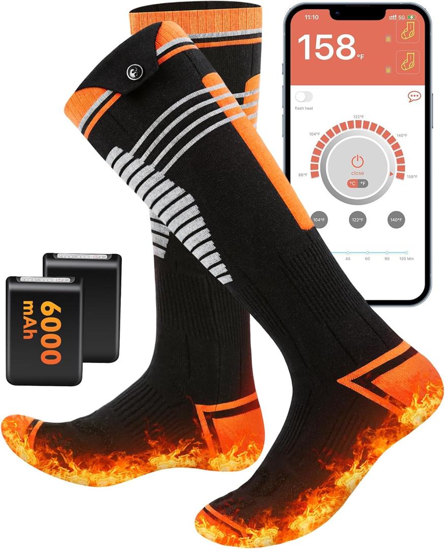 Heated Socks - 6000mAh Rechargeable Heated Socks for Men Women - Up to 10 Hours - APP-Controlled Electric Socks - 4 Heating Settings - Washable Winter Foot Warmer Socks