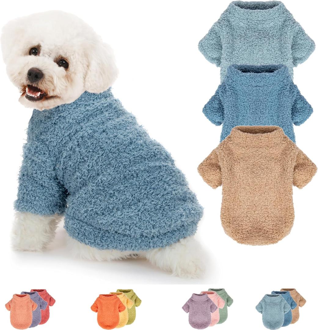 Dog Sweater, 3 Pack Sweaters for Dogs Girl, Dog Clothes for Dogs Male or Boy, Ultra Soft and Warm Puppy Coat for Winter Christmas (Small, Light Blue, Blue, Khaki)