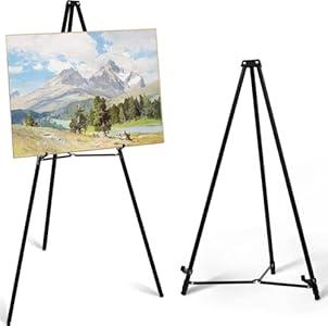 PUJIANG 63" Aluminum Easel Stand for Sign, Large Collapsible Easels for Display Posters/ Whiteboard, Adjustable Height Artist Easel for Painting- Floor/ Tabletop, Holds 25 lbs, 1pcs