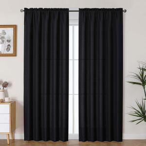 Lecloud Bessie Faux Linen Black Curtains 2 Panels 84 Inches Long, Airy Light Filtering Privacy Drapes with Rod Pocket for Bedroom Dining Room Window Treatments for Daily Home Use, Each 50" W x 84" L