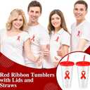 Tioncy 12 Pcs Cancer Awareness HIV/AIDS Red Ribbon Plastic Tumblers with Lids and Straws Inspirational Tumblers Cancer Awareness Gifts for Women Men Survivor Fighter Favors