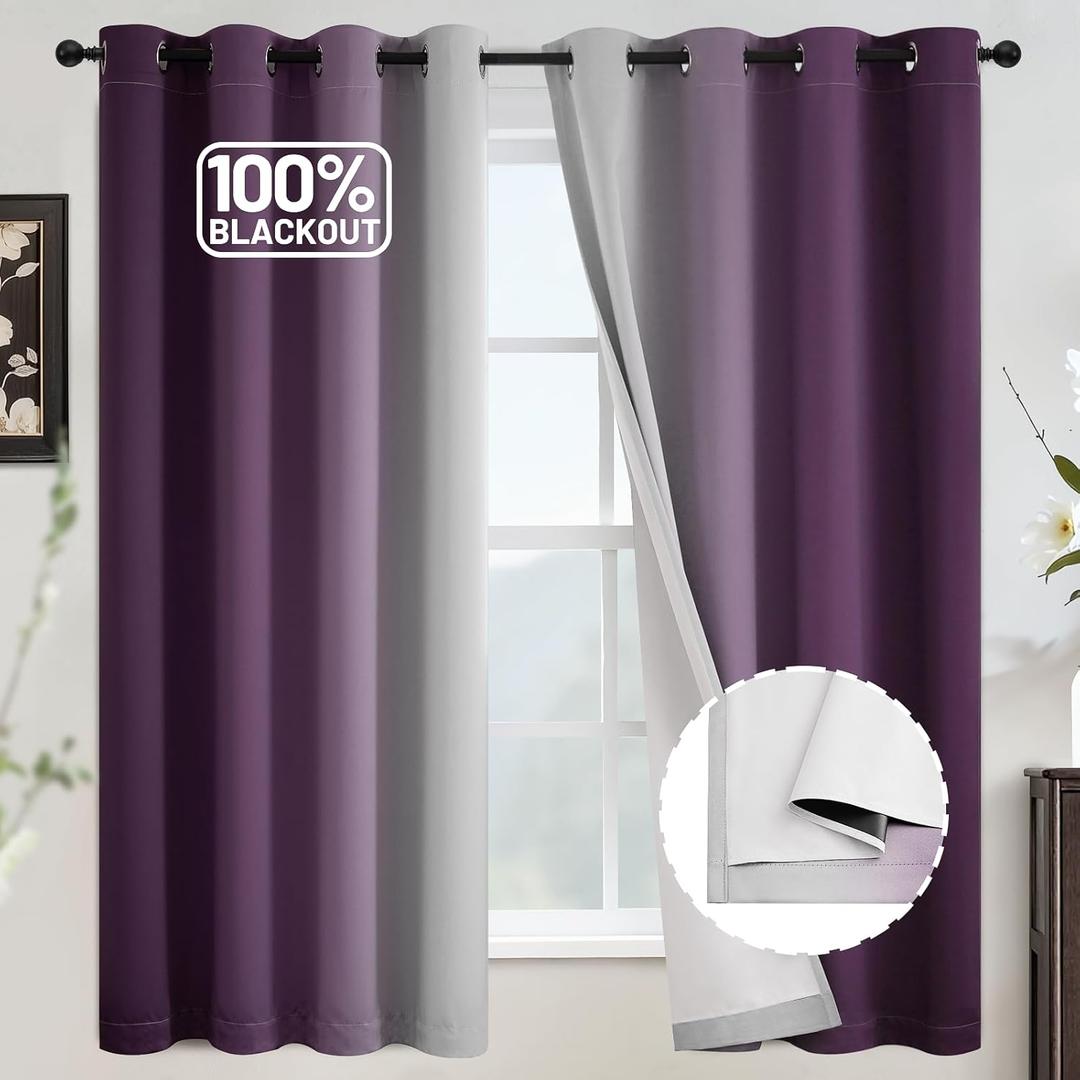 COSVIYA 100% Blackout Purple Ombre Curtains for Bedroom with White Back, 2 Thick Layers Thermal Insulated Room Darkening Grommet Window Drapes, 52x63 Inch, 2 Panels