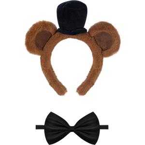 2PCS Bear Costume Accessories Animal Ear Headband Black Bow Tie Set for Halloween Character Cosplay