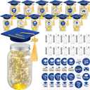 12 Sets Class of 2025 Graduation Table Decor Set with LED Light up Graduation Plastic Round Jars Table Centerpieces Felt Grad Hats and Stickers for High School and College Party Supplies(Blue)