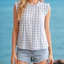GORGLITTER Women's Gingham Peplum Blouse Top Ruffle Plaid Sleeveless Frilled Collared Tank Top Cute Summer Going Out Outfits Blue and White Large (L)