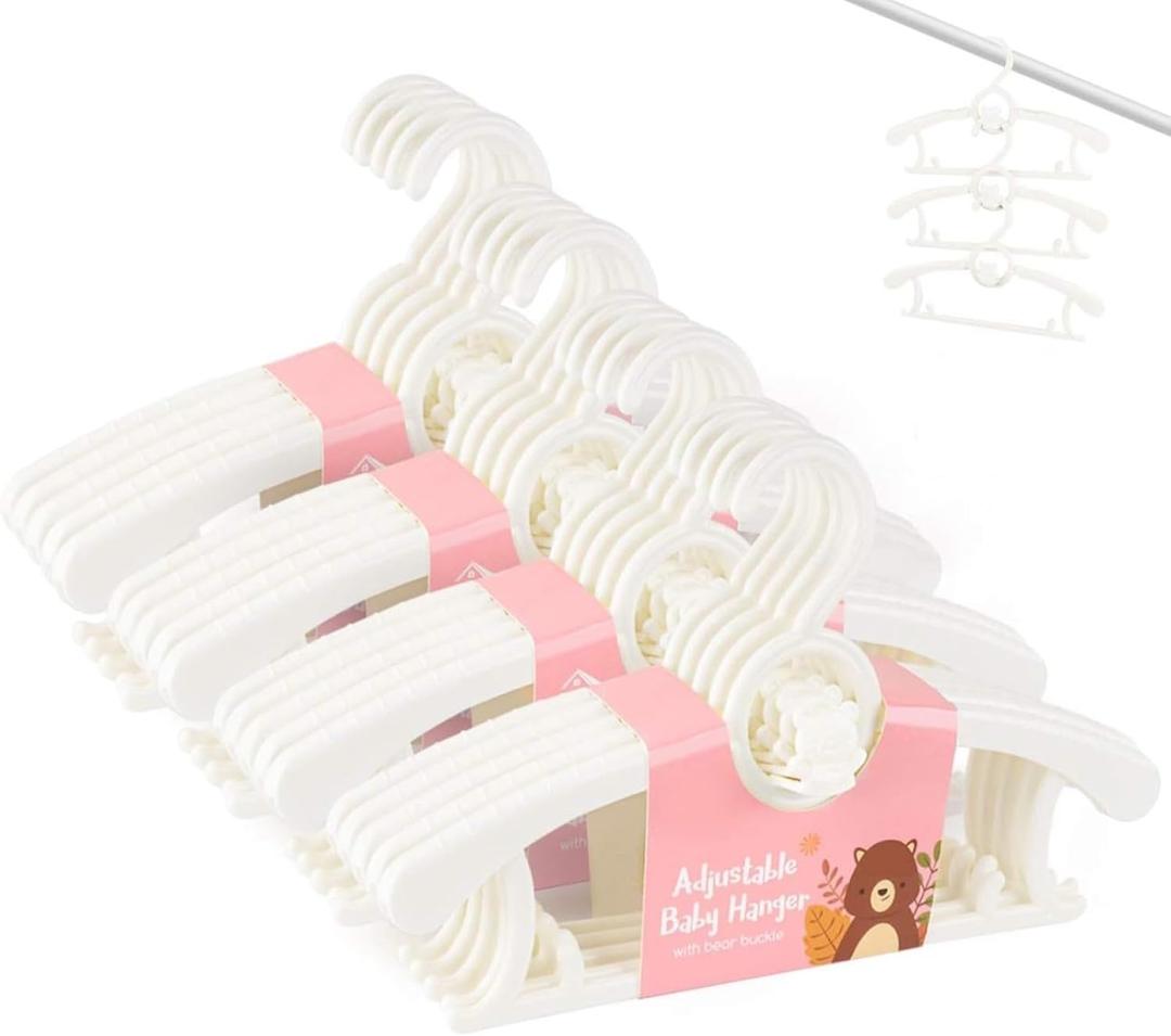 HGYZE Baby Hangers for Closet 20pcs, White Kids Clothes Hanger Plastic, 11-14" Adjustable Bulk Perchas for Newborn, Non-Slip Children Outfit Bear Hanger for Girl Boy Toddler Infant Nursery Clothing