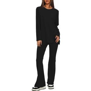 Darong Women 2 Piece Set Fall Outfit Cross Waist Flare Pants Long Sleeve Tunic Top Matching Lounge Set Travel Outfits (Black, S)