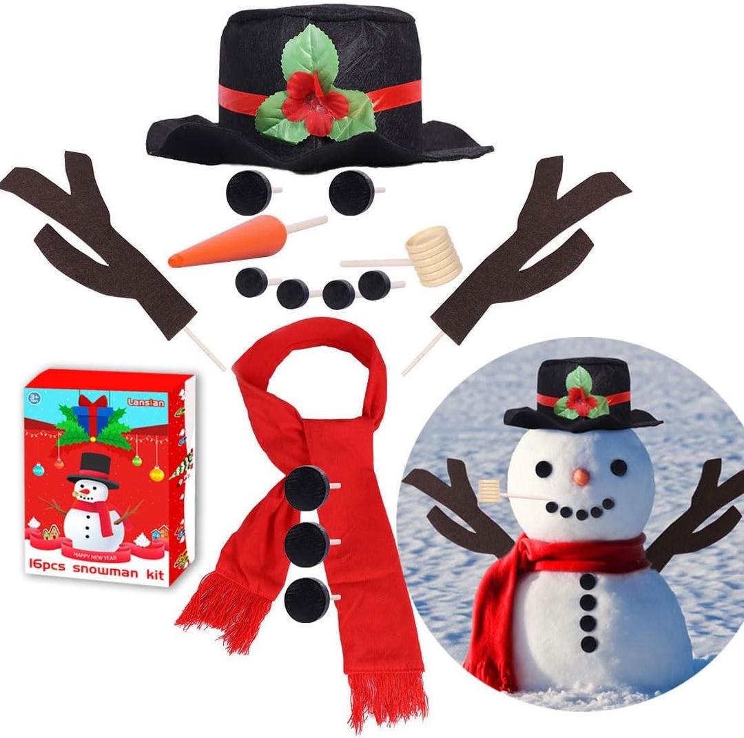 Snowman Decorating Kit, 16Pcs Christmas Snowman Decorating Making Kit Outdoor Fun Christmas Winter Holiday Party Decoration Gift, Xmas Holiday Winter Party snow man kit Outdoor Fun Supplies for Kids