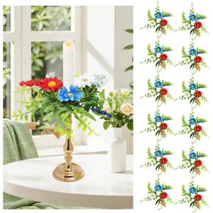 12 PCS Patriotic American Taper Candle Rings Wreaths 1.38" Mini 4th of July Floral Taper Candle Holder with Daisy Artificial Independence Day Table Centerpieces Wreath for Home Candlesticks Decor
