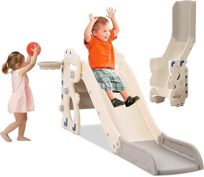 Kids Slide for Toddlers, Indoor Baby Slide & Climber, Freestanding Playset with Basketball Hoop & Ring Game (Beige)