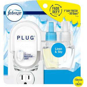Febreze Plug In Air Freshener, Odor-Fighting Scented Oil Starter Kit, Air Fresheners for Home and Bathroom and Kitchen, Long Lasting for Strong Odors, Linen & Sky Scent, Warmer + 1 Refill