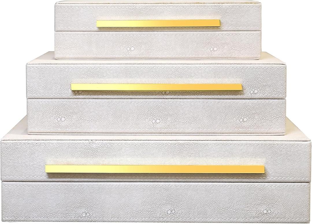 Modern Decorative Box Faux Shagreen Leather, Decorative Storage Boxes with Lids for Home Decor, Large Multifunctional Storage Jewelry Box Organizer(white 3PCS)