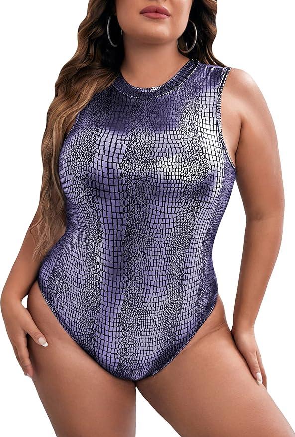 WDIRARA Women's Plus Size Crocodile Pattern Sleeveless Tank Bodysuit Party Tops Size XL