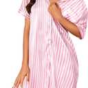 Vrtige Women's Satin Nightgown Button Down Sleepshirt Silk Short Sleeve Nightshirt Sleepwear Striped Pink X-Small