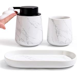 BosilunLife Bathroom Accessories Set 3 pcs - Bathroom Ceramic Foaming Soap Dispenser Set Farmhouse Marble Bathroom Decor, Foam Soap Dispenser and Toothbrush Holder/ Tumbler Cup, Tray