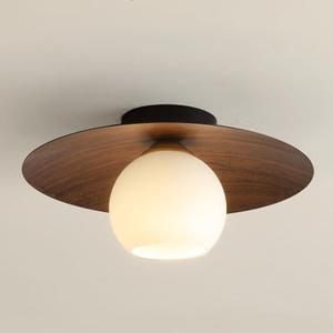 Minimalist Modern White Globe Glass Ceiling Light Round Walnut Grain Semi Flush Mount Ceiling Lamp Fixture Wood Grain Nordic Retro Hallway Close to Ceiling Light for Entryway Porch Balcony