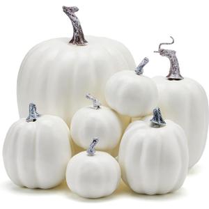 Halloween Autumn Harvest Festival 7 Artificial Pumpkins of Various Styles Decorate Rural Style Farmhouses Foam Pumpkins Thanksgiving Dinner Party Home Festival Autumn Decoration (White)