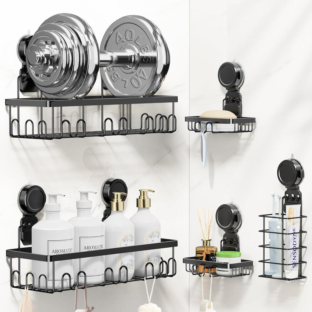 JOTPE Suction Cup Shower Shelf, 5 Pack Powerful Suction Cup Caddy with Hooks & Soap Holder, Drill-Free Wall Mounted Suction Basket, Large Capacity Removable Bathroom Storage, Hanging Up to 40lb/18KG