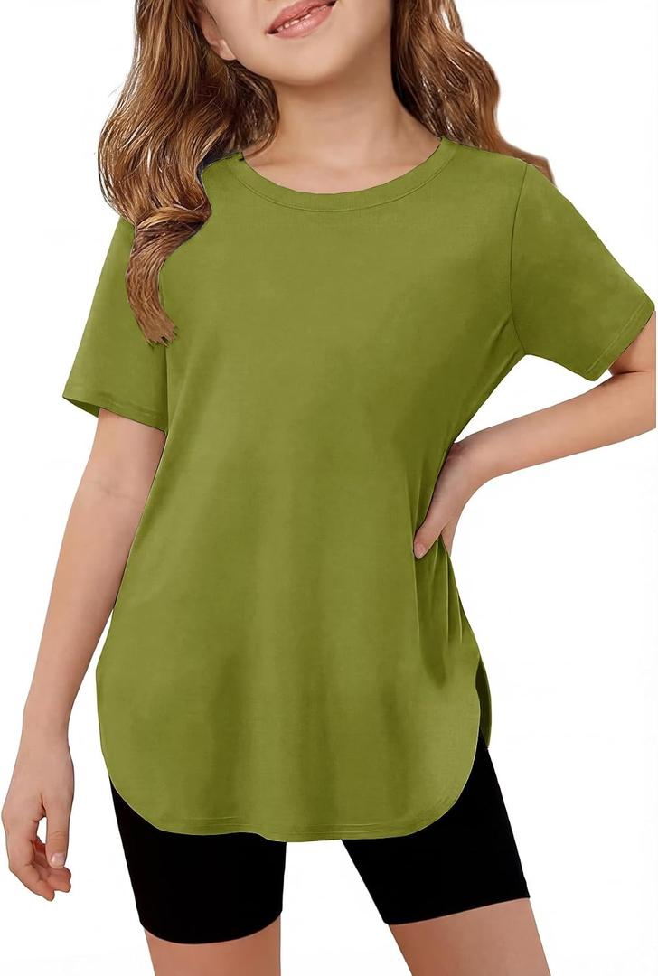 CharmWM Girls Short Sleeve T Shirts Kids Summer Crewneck Curved Hem Tunic Tops Basic Tee (Green)